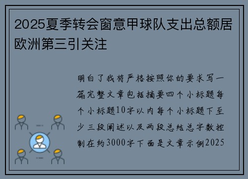 2025夏季转会窗意甲球队支出总额居欧洲第三引关注